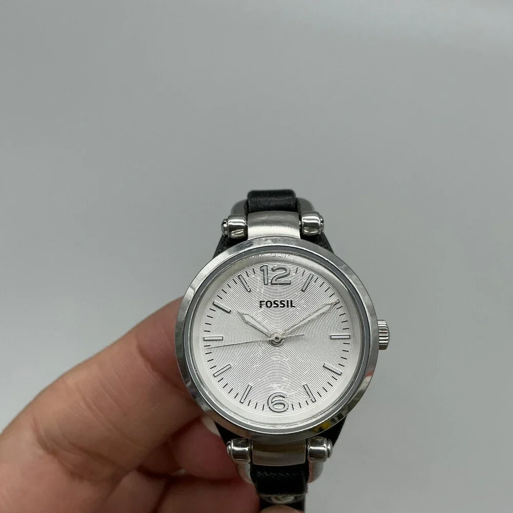 Fossil ES3263 Womens Watch 26mm Silver Dial Black Leather Dress 50M New Battery